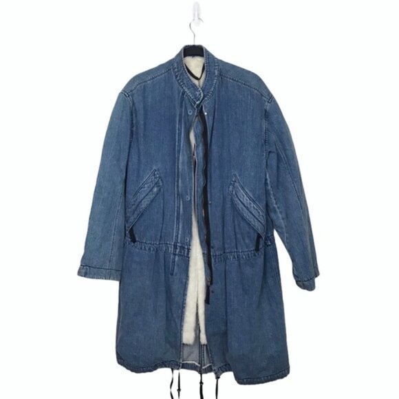 Helmut Lang Blue Denim 100% Cotton Shearling Lined Oversized Parka Coat - Picture 2 of 10